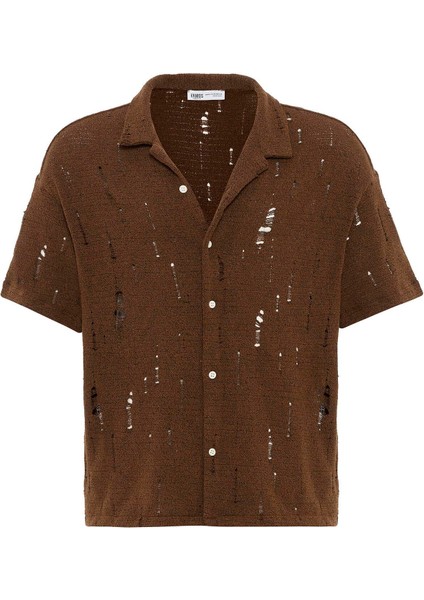 Oversize Deliklı Triko Gömlek Kahve