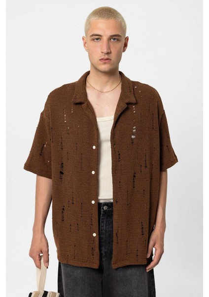 Oversize Deliklı Triko Gömlek Kahve modelleri