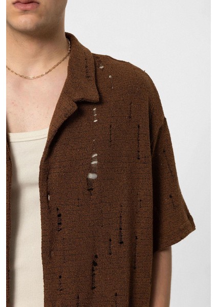 Oversize Deliklı Triko Gömlek Kahve fırsatları