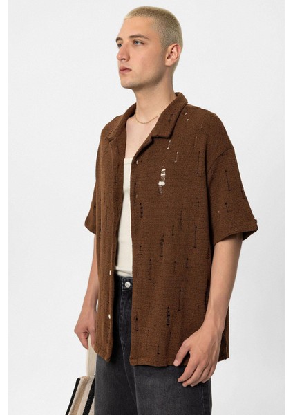 Oversize Deliklı Triko Gömlek Kahve indirimleri