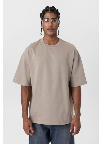 Basic Oversize Bisiklet Yaka Tişört Vizon modelleri