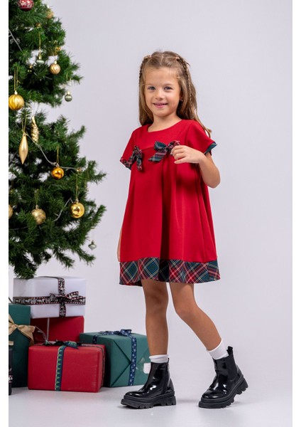 Kız Çocuk Ekoseli Düz Fiyonklu ( 2-6 ) Yaş Noal Elbise modelleri