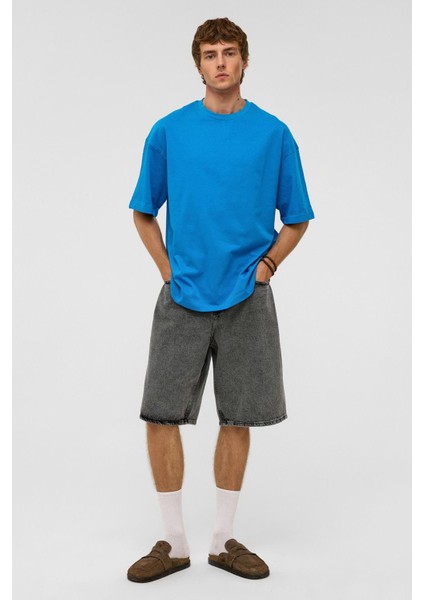 Basic Oversize Bisiklet Yaka Tişört Turkuaz