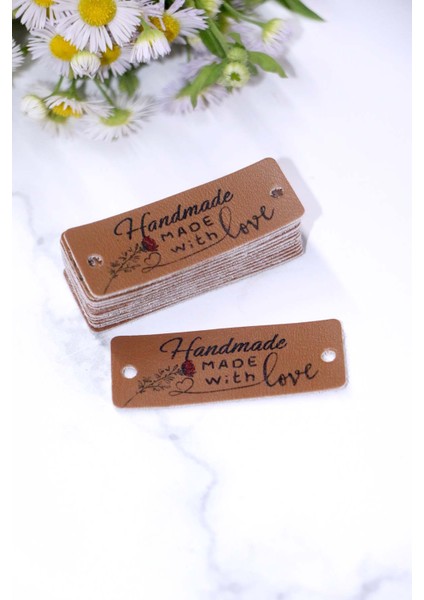Suni Deri Etiket 20 Adet (1,8x4,8 Cm) Handmade Made With Love Baskılı