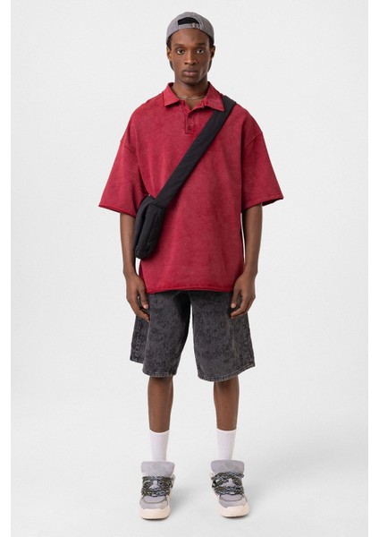 Polo Yaka Yıkamalı Oversize Tişört Bordo