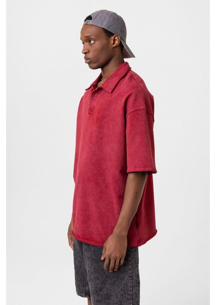 Polo Yaka Yıkamalı Oversize Tişört Bordo fırsatları