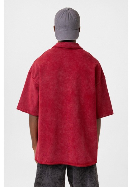 Polo Yaka Yıkamalı Oversize Tişört Bordo indirimleri