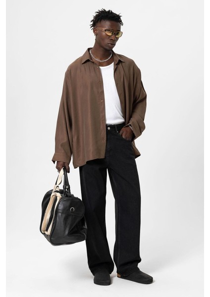 Basıc Oversize Uzun Kollu Modal Karışımlı Gömlek Kahve