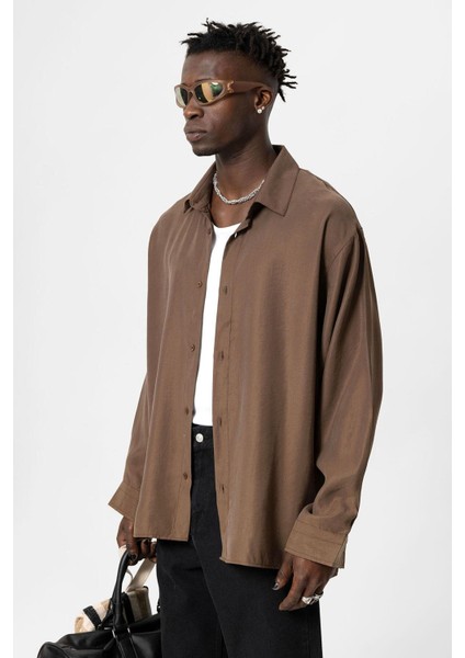 Basıc Oversize Uzun Kollu Modal Karışımlı Gömlek Kahve fırsatları