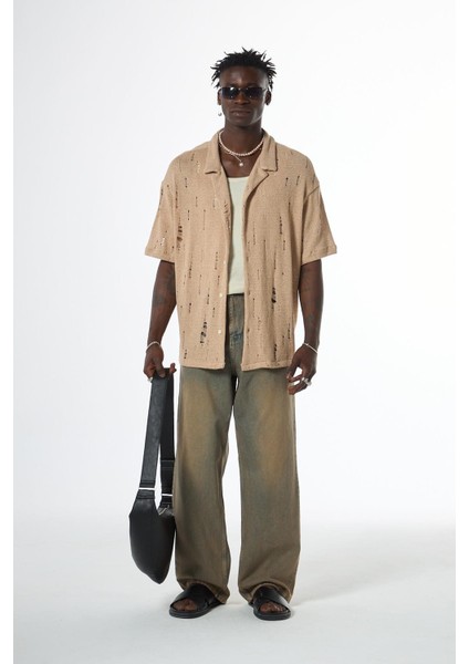 Oversize Deliklı Triko Gömlek Bej fiyatları