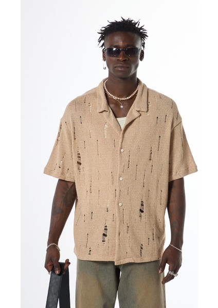 Oversize Deliklı Triko Gömlek Bej modelleri