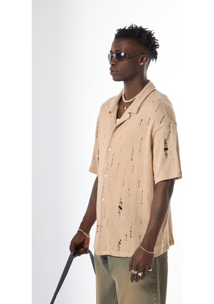 Oversize Deliklı Triko Gömlek Bej fırsatları