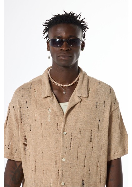 Oversize Deliklı Triko Gömlek Bej indirimleri