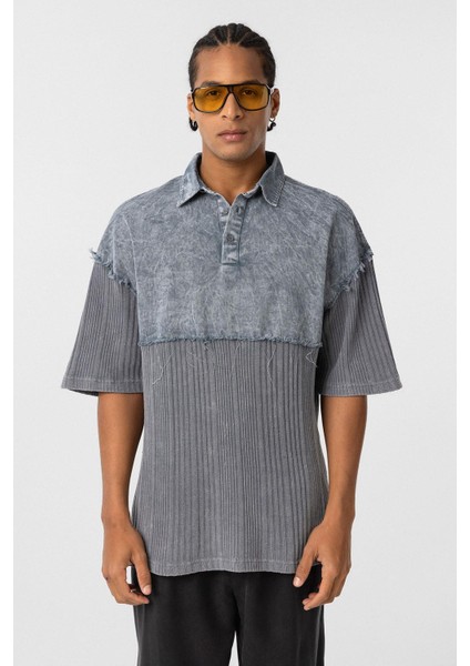 Yıkamalı Oversize Polo Yaka Tişört Gri modelleri