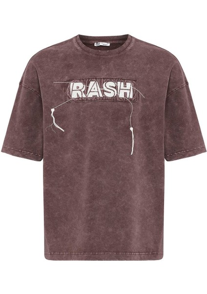 Yıkamalı Oversize Baskılı Tişört Kahve