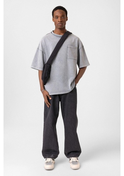 Yıkamalı Oversize Cepli Tişört Gri