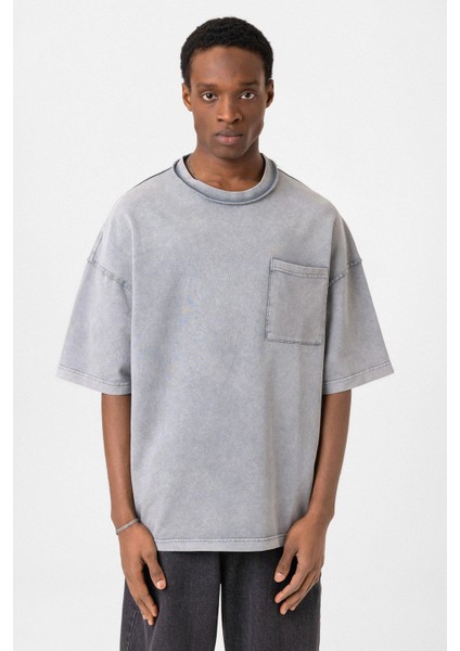 Yıkamalı Oversize Cepli Tişört Gri modelleri