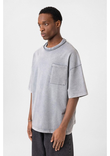 Yıkamalı Oversize Cepli Tişört Gri fırsatları