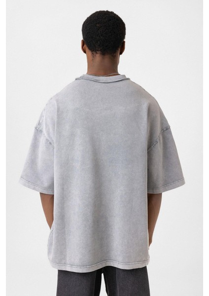 Yıkamalı Oversize Cepli Tişört Gri indirimleri