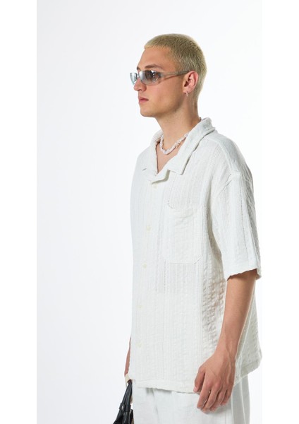 Oversize Kısa Kol Cepli Triko Gömlek Beyaz