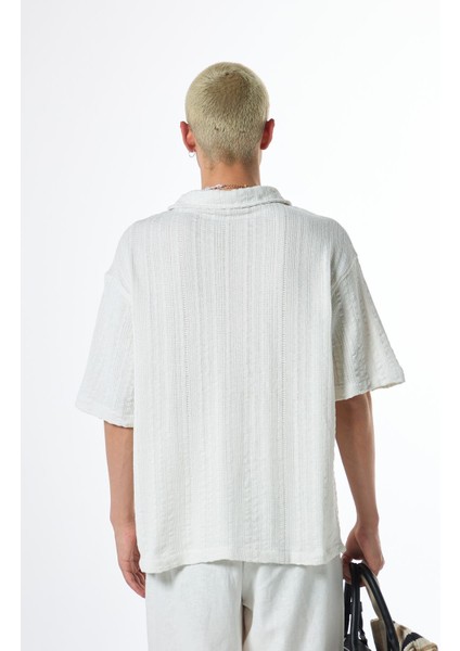 Oversize Kısa Kol Cepli Triko Gömlek Beyaz