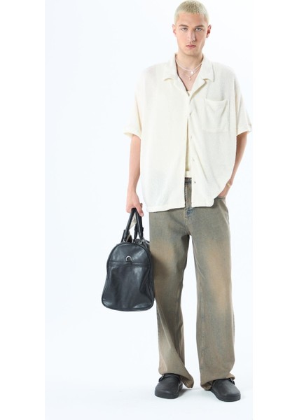 Oversize Havlu Kumaş Kısa Kol Tek Cep Gömlek Ekru