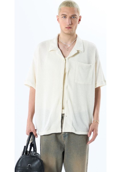 Oversize Havlu Kumaş Kısa Kol Tek Cep Gömlek Ekru modelleri