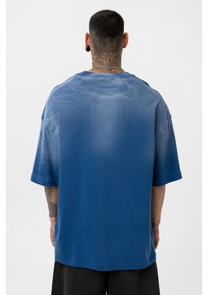 Yıkamalı Yazı Detaylı Oversize Tişört Indigo