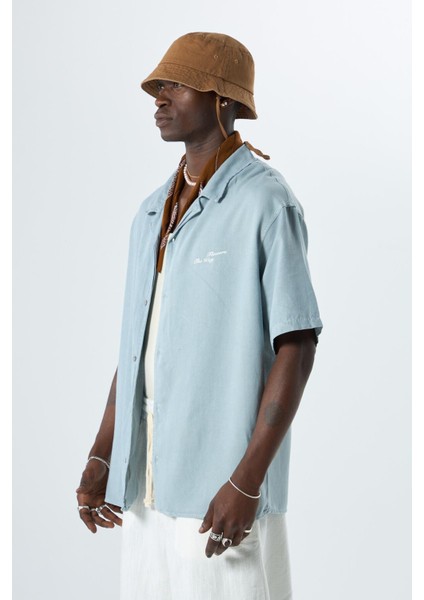 Yıkamalı Oversize Arka Baskılı Kısa Kol Cepsiz Gömlek Açık Gri modelleri