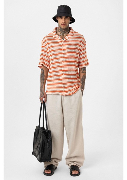 Oversize Çizgili Triko Tişört Oranj