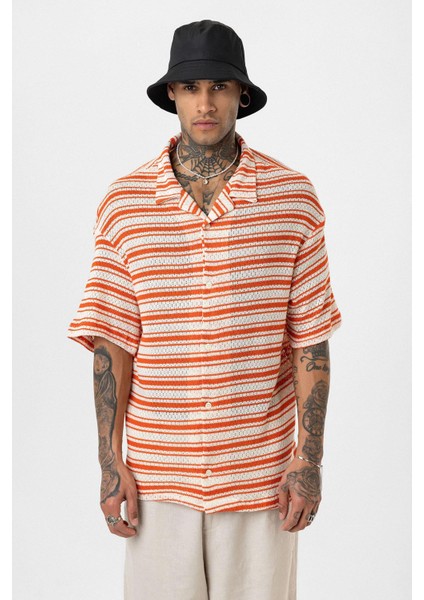 Oversize Çizgili Triko Tişört Oranj modelleri