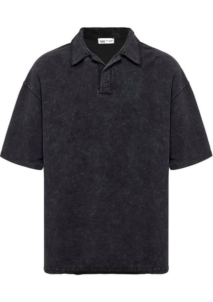 Polo Yaka Yıkamalı Oversize Tişört Siyah
