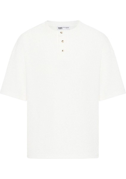 Düğmeli Yaka Oversize Tişört Ekru