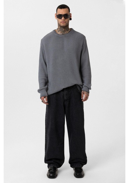 Oversize Yıkamalı Triko Kazak Gri