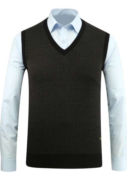 Erkek V Yaka Süveter Desenli Çelik Örgü Regular Kalıp - 5206H