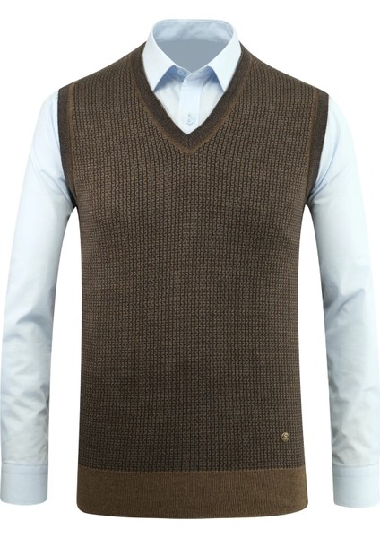 Erkek V Yaka Süveter Desenli Çelik Örgü Klasik Kalıp - 5208H