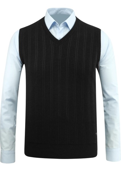 Erkek V Yaka Süveter Desenli Çelik Örgü Klasik Kalıp - 5209H