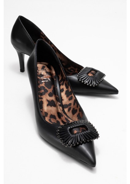 Great Siyah-Siyah Desenli Tokalı Kadın Topuklu Ayakkabı