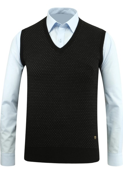 Erkek V Yaka Süveter Desenli Çelik Örgü Regular Kalıp - 5201H