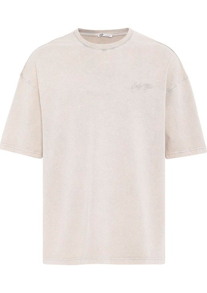 Yıkamalı Oversize Arka Baskılı Tişört Taş