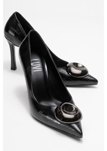 Jordana Siyah Baskı Platin Tokalı Kadın Ince Topuklu Ayakkabı