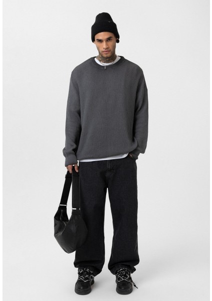 Oversize Yıkamalı Triko Kazak Siyah