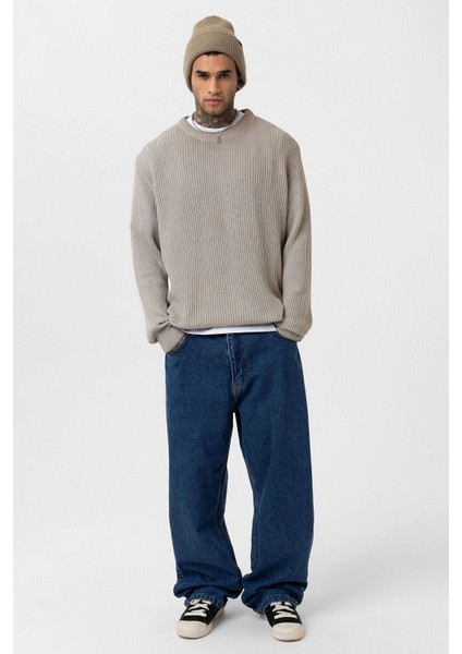 Oversize Yıkamalı Triko Kazak Taş