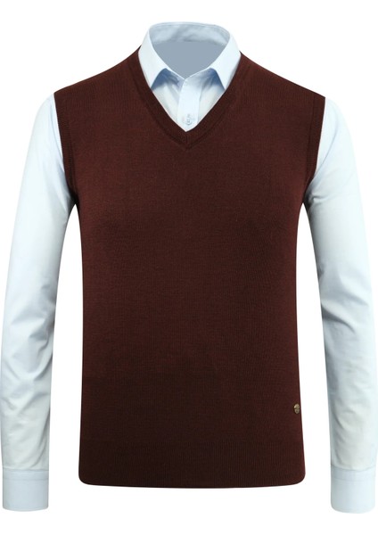 Erkek V Yaka Süveter Triko Düz Renk Çelik Örgü Klasik Kalıp - 5200H