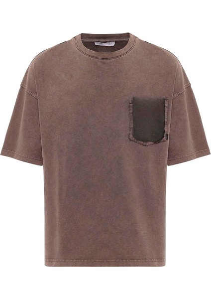 Yıkamalı Cep Detaylı Oversize Tişört Kahve