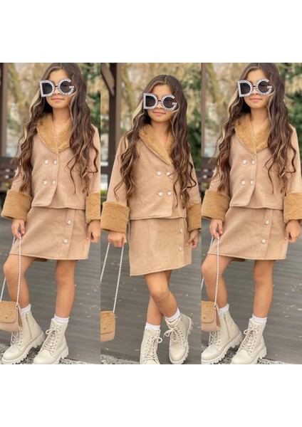 Kız Çocuk Ikili Takım Pelüş Detaylı Ceket - Etek - Çanta Hediye