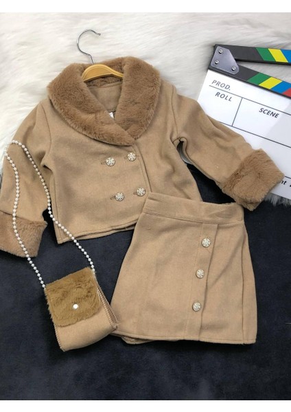 Kız Çocuk Ikili Takım Pelüş Detaylı Ceket - Etek - Çanta Hediye fiyatları