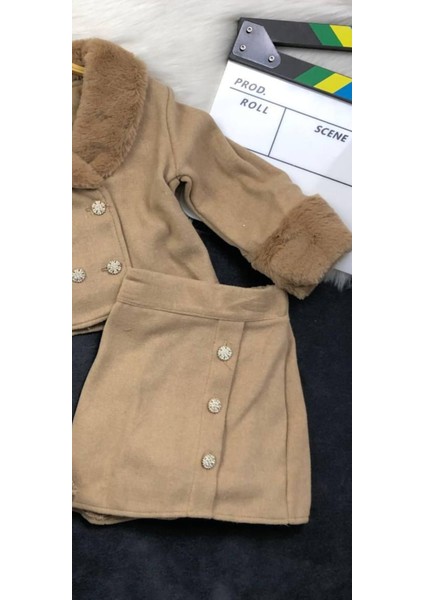 Kız Çocuk Ikili Takım Pelüş Detaylı Ceket - Etek - Çanta Hediye modelleri