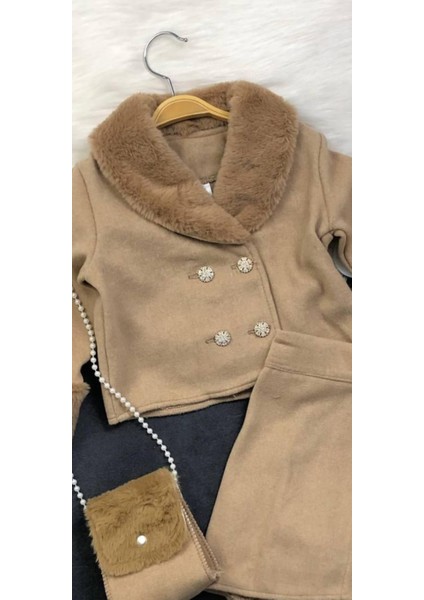 Kız Çocuk Ikili Takım Pelüş Detaylı Ceket - Etek - Çanta Hediye indirimleri