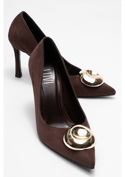 Jordana Kahverengi Süet Gold Tokalı Kadın Ince Topuklu Ayakkabı